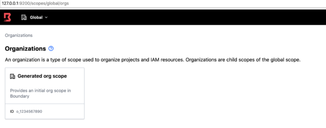 hashicorp boundary organizations screen in the admin UI