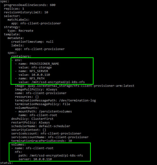 The kubernetes nfs client provisioner manifest configured for NFS storage provisioning.