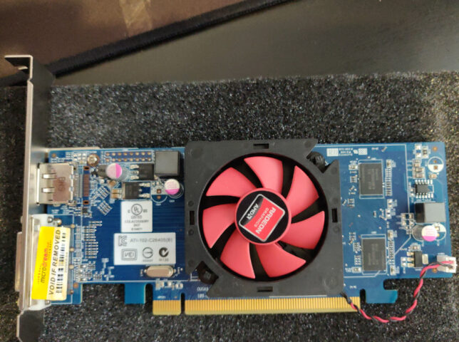 A cheap AMD Radeon HD 6450 1GB DVI DisplayPort PCI-Express Graphics Card I used for the FreeNAS build.