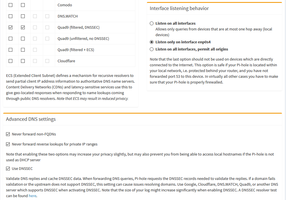 pi-hole upstream DNS configuration with DNSSEC