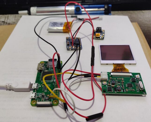 boost module, battery charge controller, LiPO, and TFT display all connected to the Raspberry Pi Zero